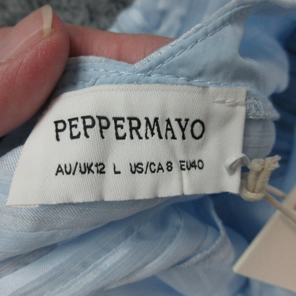 Peppermayo Willow Chiffon Dress Womens 8 Blue Striped Halter Mini Ruffle Hem NWT - Picture 8 of 12